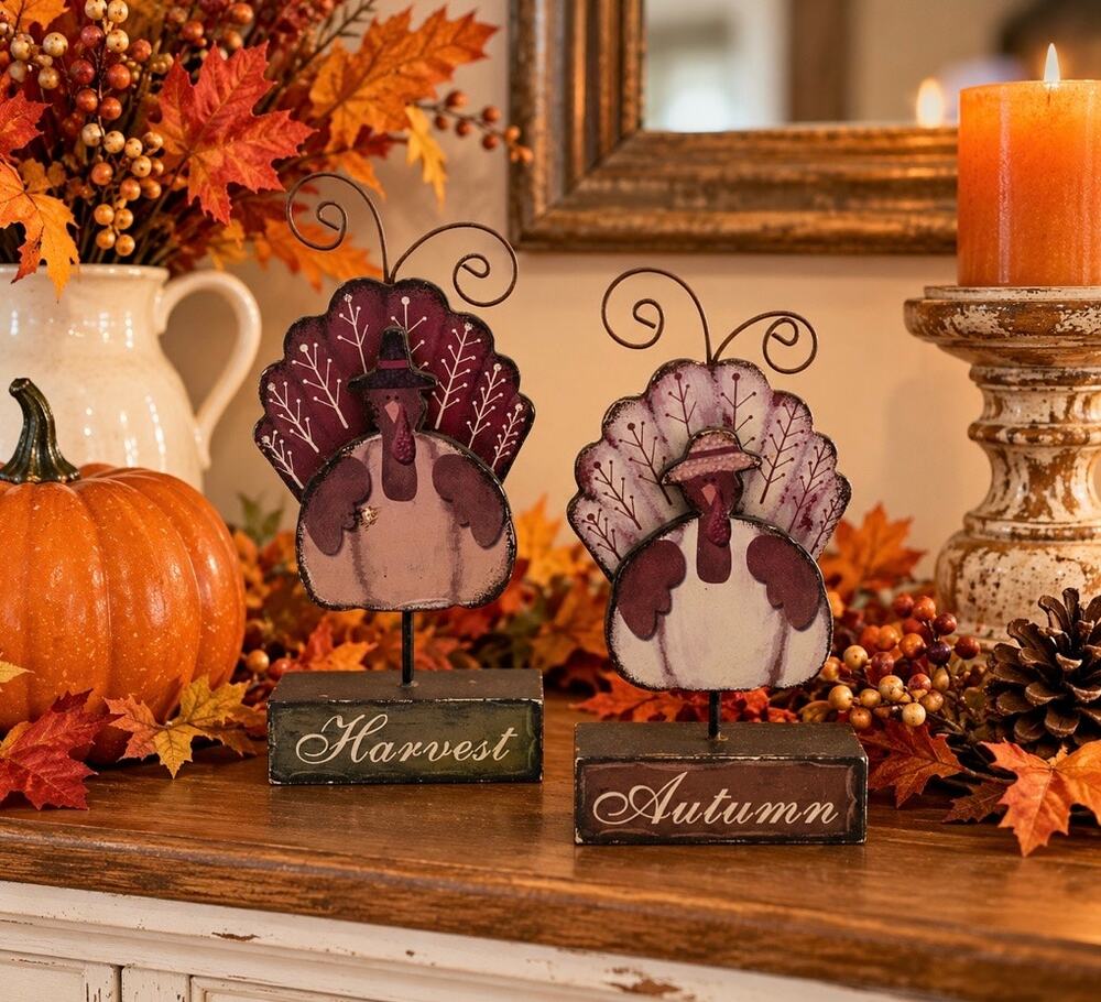 Set of 2 Fall Turkey Figurines Metal & Wood Base Harvest Autumn Thanksgiving